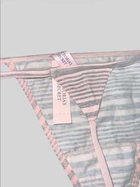 Victoria's Secret Pink and Gray Striped Cotton Thong sz M